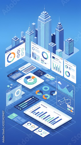 digital dashboard with blue business charts and graphs in cityscape background