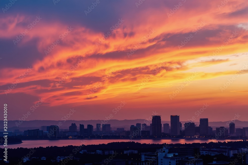Fototapeta premium Vibrant sunset sky over a city skyline with a calm river. Orange, pink, and blue clouds paint the horizon above modern buildings and distant hills.