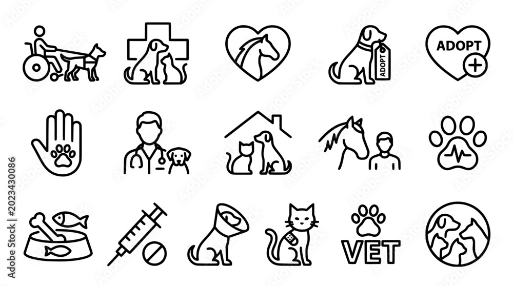 Fototapeta premium Veterinary icons, pet care symbols, animal health signs, veterinary clinic illustrations