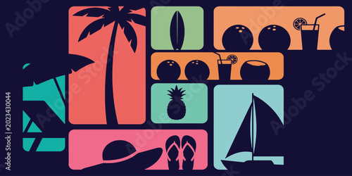 Tableau sur toile Colorful summer vacation icons in a geometric collage design.