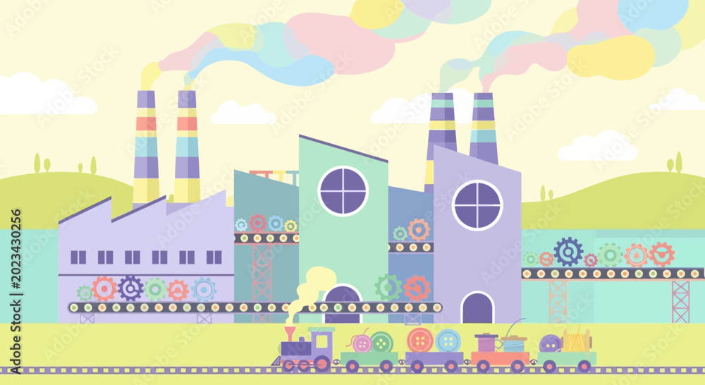 Naklejka premium Colorful Cartoon Factory with Train and Smoke Stacks, Industrial Production Concept