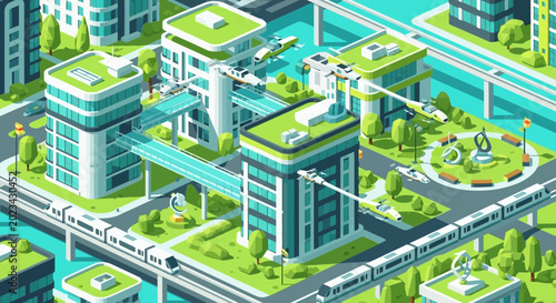 Fotografia Futuristic Eco Cityscape with Green Buildings, Flying Cars and High-Speed Trains
