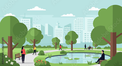 Εκτύπωση καμβά Urban park scene with people, pond, and cityscape background, flat design illustration