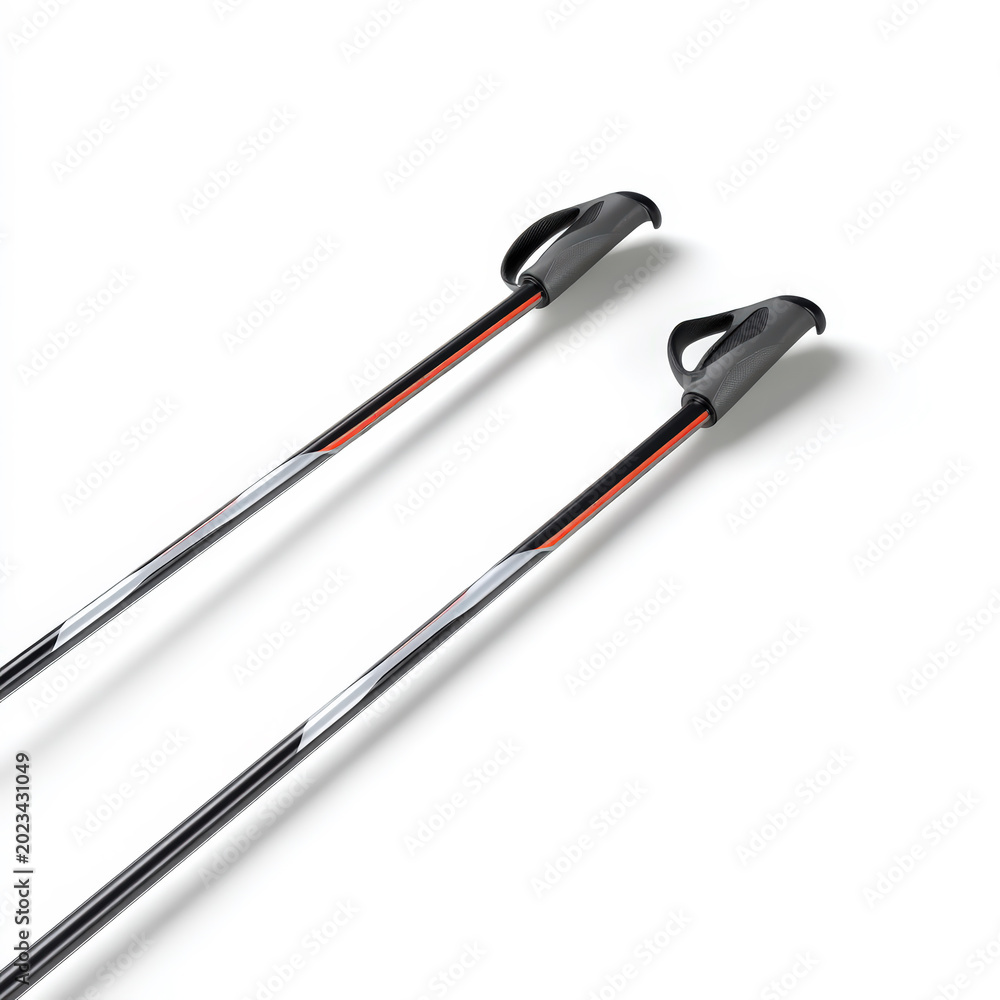Obraz premium Pair of Ski Poles with Grey Grips and Black Shafts with Red and Silver Accents on White. High Resolution Stock Photo