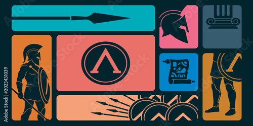 Schilderij op canvas Spartan themed graphic design with spear, helmet, column, and shield
