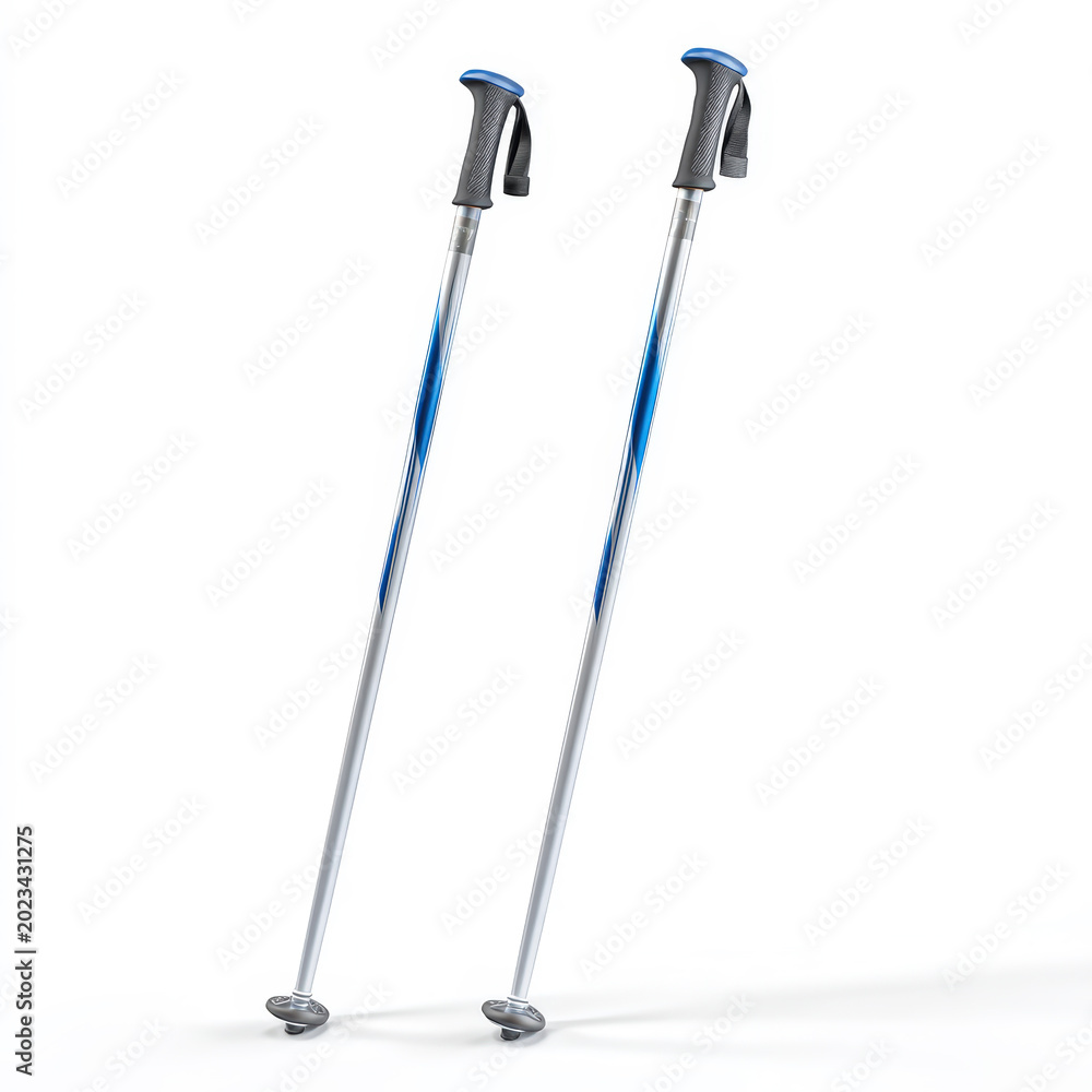 Obraz premium A Pair of Silver and Blue Ski Poles with Black Grips on a White Background. High Resolution Stock Photo Digital Image
