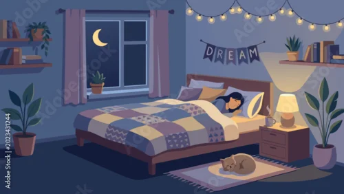 Obraz Cozy Bedroom Interior at Night with a Woman Sleeping Peacefully in Bed and a Cat on the Rug; Flat Vector Illustration of a Relaxing Room with Crescent Moon, Stars, Fairy Lights, and Home Decor.