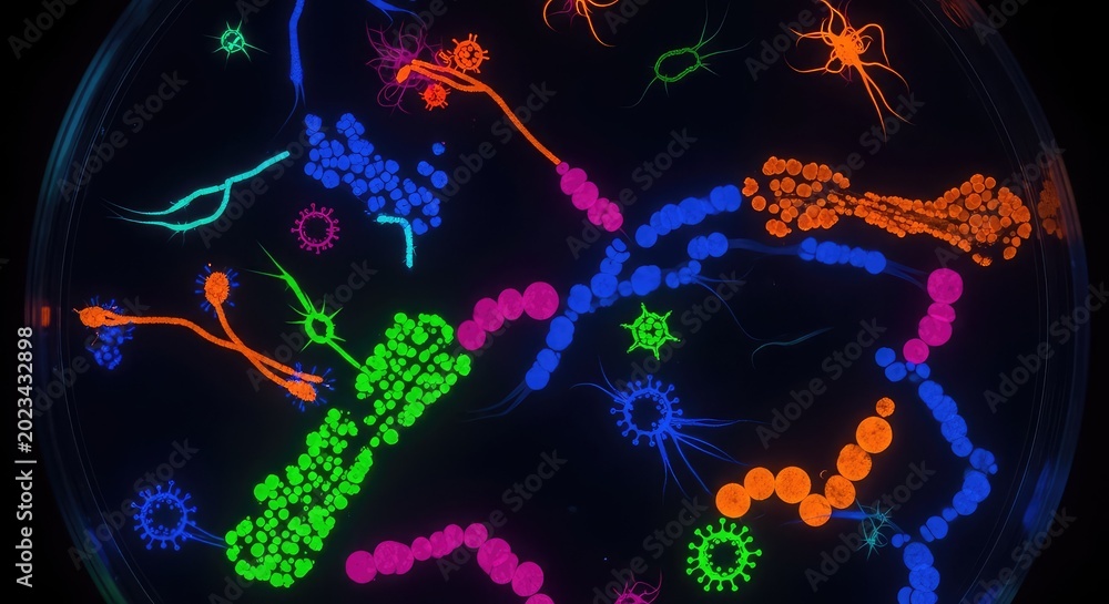 Fototapeta premium Vibrant microscopic view of colorful glowing bacteria and viral structures inside a laboratory petri dish under intense ultraviolet light, cells, disease, ultraviolet