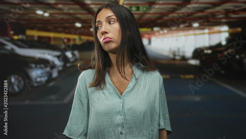 Canvas Print Young hispanic brunette woman standing with eyes closed and pouting lips in indoor parking building; boredom waiting patience