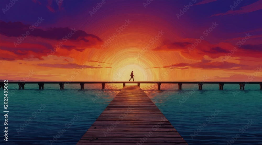 Obraz premium One person walks on a wooden pier over calm blue water during a vibrant sunset. Colorful clouds fill the sky. The scene conveys a sense of peace and solitude.