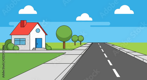 Cartoon suburban street with house, sidewalk, road, trees, and clouds