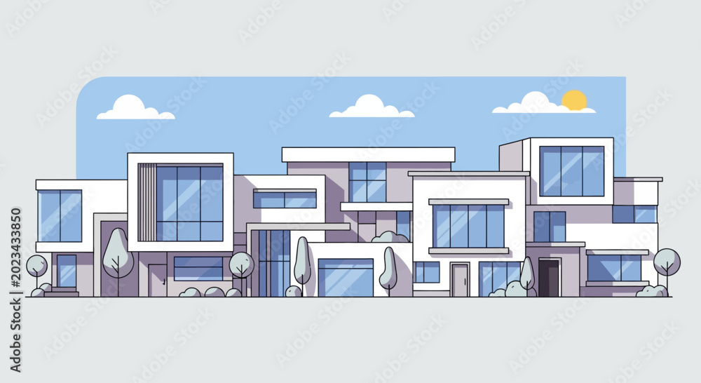 Fototapeta premium Modern Architectural Residence Row, Minimalist Style, Sunny Day