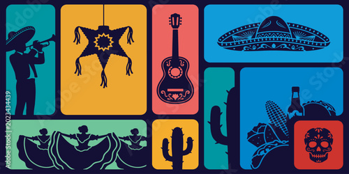 Obraz na płótnie Colorful Mexican culture icons arranged in a grid pattern.