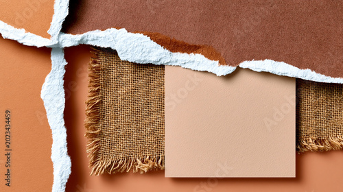 Layered recycled paper, coarse linen textile and matte ceramic tile in radiant earth clay tones with natural textures, copy space