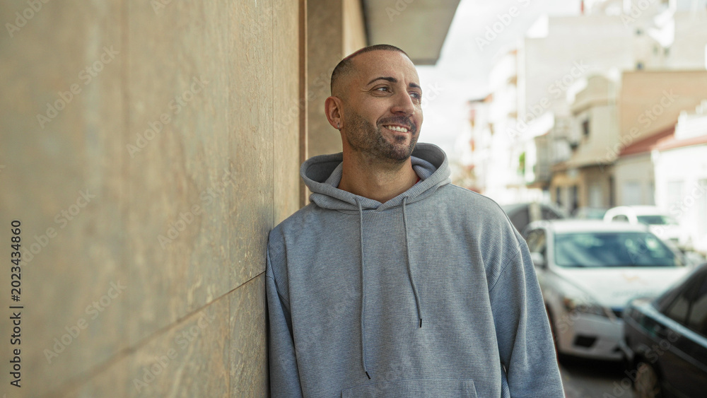 Obraz premium Man leans against stone wall smiling, wearing gray hoodie and earring, casual pose on a sunny street; serenity.
