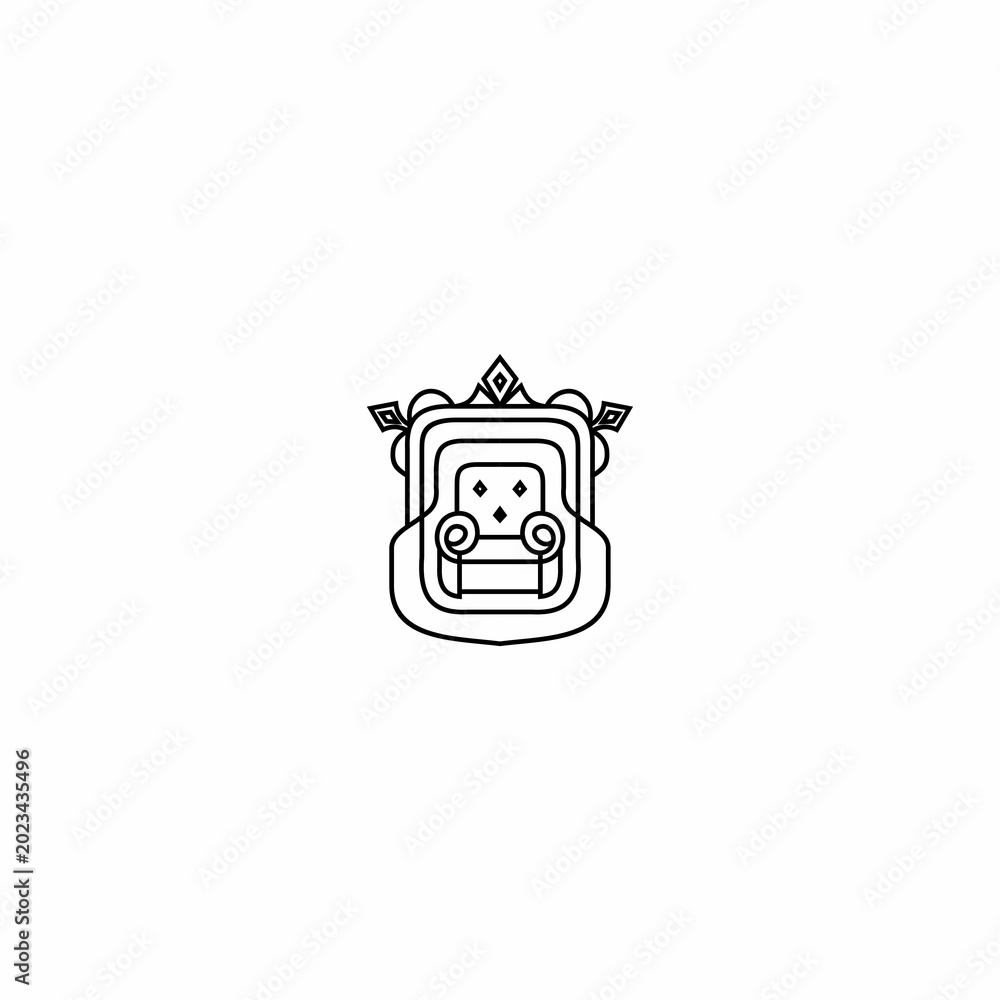 Naklejka premium Elegant thin line art logo template featuring a royal armchair or sofa with a crown element. Perfect for interior design, luxury furniture, and home decor brands.