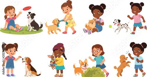 Принти на полотні Cute Little Girls Playing with Diverse Dog Breeds Cartoon Character Set for Chil