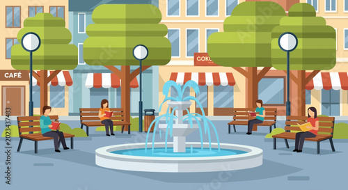 Foto People reading books on benches around a fountain in a city park square