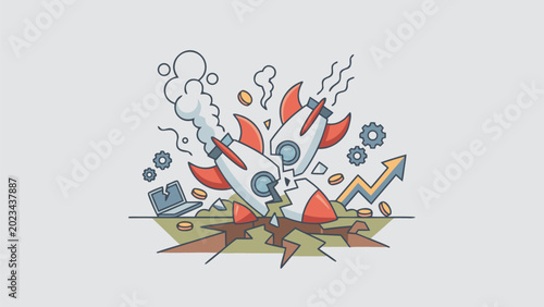 Stylized rocket ship crashing into the ground with smoke, gears, and coins, representing business startup failure, financial crash, project collapse, economic crisis, and failed mission concept.