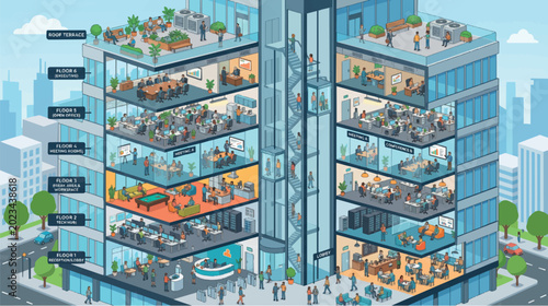 Vászonkép Modern Office Corporate Building Isometric Cross Section Showing Multi Floor Wor