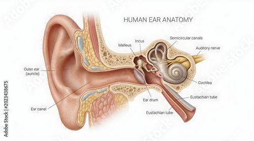 Comprehensive anatomical illustration of the human ear, detailing its intricate external, middle, and inner structures essential for auditory perception and maintaining equilibrium