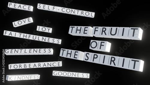 Schilderij op canvas A 3D rendering of blocks spelling THE FRUIT OF THE SPIRIT alongside blocks for peace, self-control, joy, forbearance, love, faithfulness, kindness, goodness, and gentleness