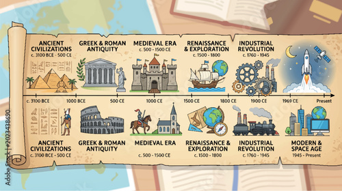 Obraz na plátně World History Timeline Scroll Infographic from Ancient Civilizations to Modern S