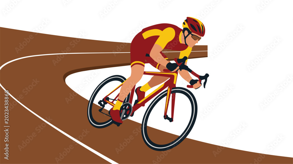 Fototapeta premium Professional cyclist in red and yellow racing gear on a bicycle speeding around a curved track with a white background.