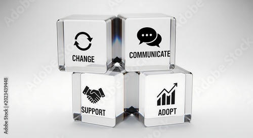Four clear cubes arranged in a diamond shape, each displaying a business concept with an icon and text: Change, Communicate, Support, and Adopt.