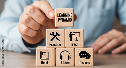 A person stacking wooden blocks that illustrate the learning pyramid, showing stages like reading, listening, discussing, practicing, and teaching.