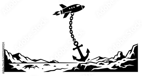 Foto Rocket ship held back by heavy chain and anchor for business limitation and obst