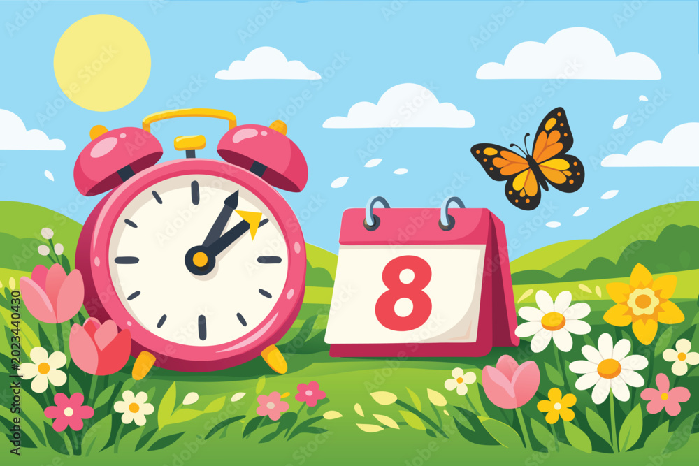 Naklejka premium Spring Forward 2026 Daylight Saving Time graphic banner or background design. Bright outdoor illustration featuring classic clocks, vibrant nature elements, blooming flowers, and sunny skies.