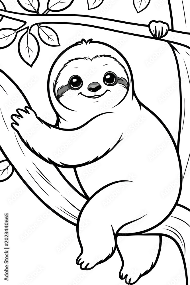 Fototapeta premium Sloth climbing a tree branch coloring page for kids, black and white vector outline illustration