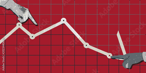 Tableau sur toile declining stock chart with pointing hands illustration on red grid