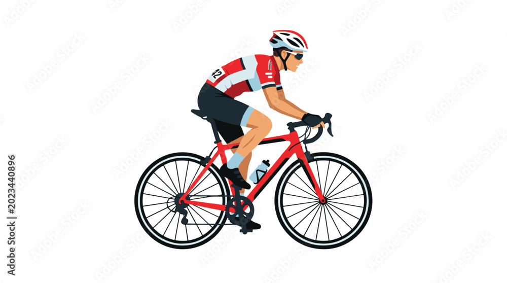 Fototapeta premium A male professional cyclist wearing a red racing jersey and white helmet rides a modern red bicycle across a solid white studio background with soft lighting.