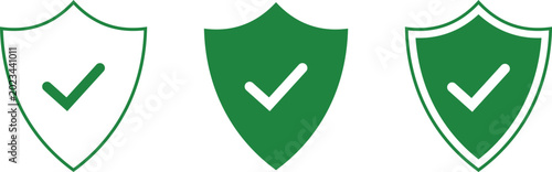 Three green shield with checkmarks, outline, solid, and double border variations