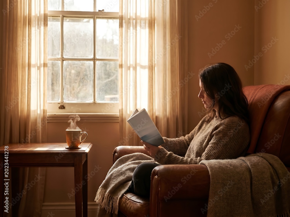 Obraz premium Young Woman Reading Book in Leather Armchair by Sunny Window