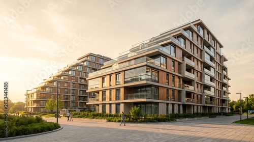 Modern Residential Apartment Complex Exterior at Golden Hour