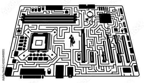Foto Motherboard circuit board integrated with complex maze and tiny businessman silh