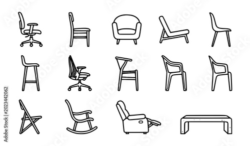 Konstfotografi Modern Chair and Seating Line Icon Set From Side View Profile Featuring Office,