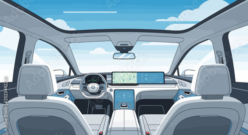 Obraz na płótnie Futuristic Car Interior View: Autonomous Driving, Digital Dashboard, Panoramic S