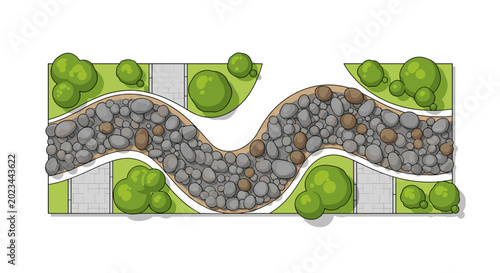 Tableau sur toile Wavy stone river bed feature with surrounding lush green foliage in modern garden landscape design