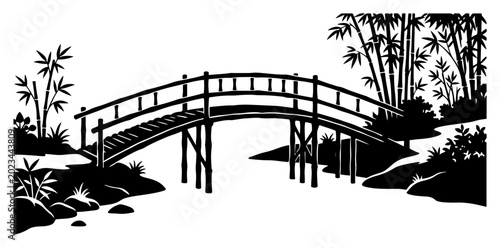 Cuadro en lienzo Traditional Japanese garden with arched bridge and bamboo trees in serene landsc