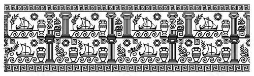 Foto Ancient Greek decorative border with sailing ships columns and amphorae in class