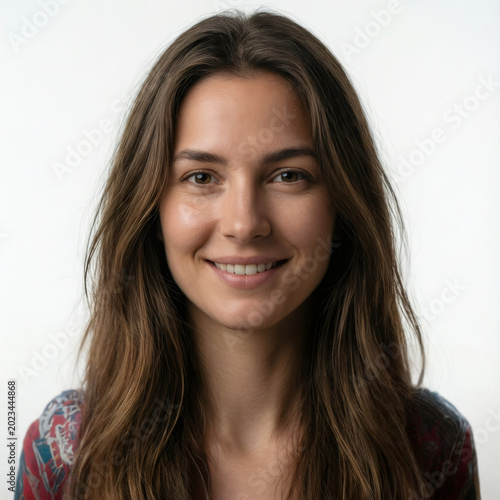 Beautiful young woman with long brown hair smiling friendly against white background