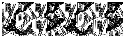 Foto Firefighters battling a building fire using ladders and hoses in panoramic graph