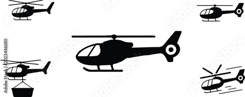 Tableau sur toile Hand drawn monochrome helicopter vector bundle with aviation transport rescue mi