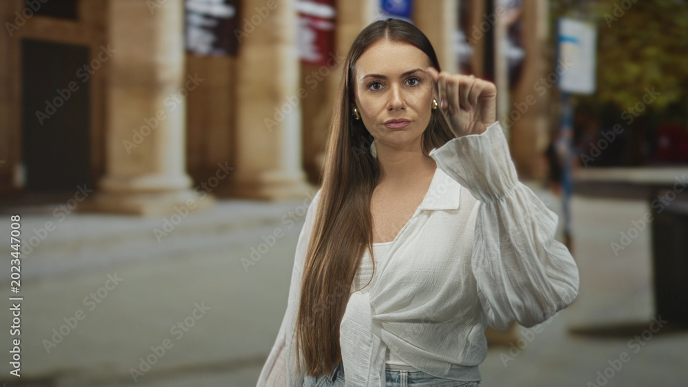 Obraz premium Woman raising hand with shrug gesture and pout in front of stone building columns; annoyed dismissal.