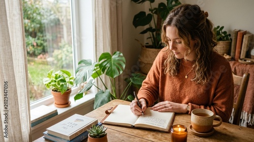 Woman writing in a journal at a cozy desk, earthy colors, high resolution, productivity illustrations for education and creative industry and blogging graphics