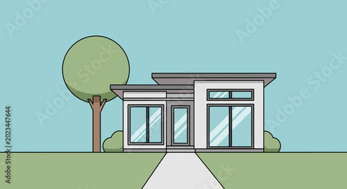 Canvastavla Modern minimalist house exterior with large windows, flat roof, tree and pathway